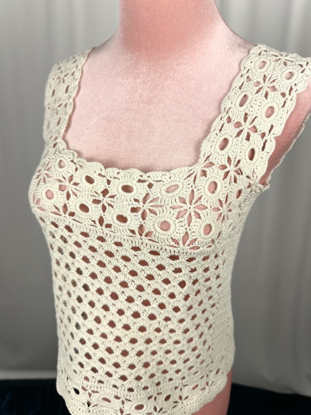 Vintage Handmade Cream Crochet Tank Top Boho Festival Cottagecore XS - Picture 13 of 16